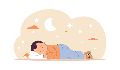 Sleeping baby covered by blanket with milk bottle and teddy bear, peaceful night scene vector illustration.   