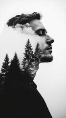 A monochrome portrait of a man's profile, layered with forest and cloud imagery.