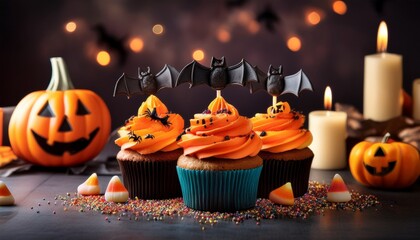 Halloween cupcakes with orange frosting, bat toppers, pumpkins, candy corn, and burning candles on dark background, festive spooky dessert for holiday celebration.