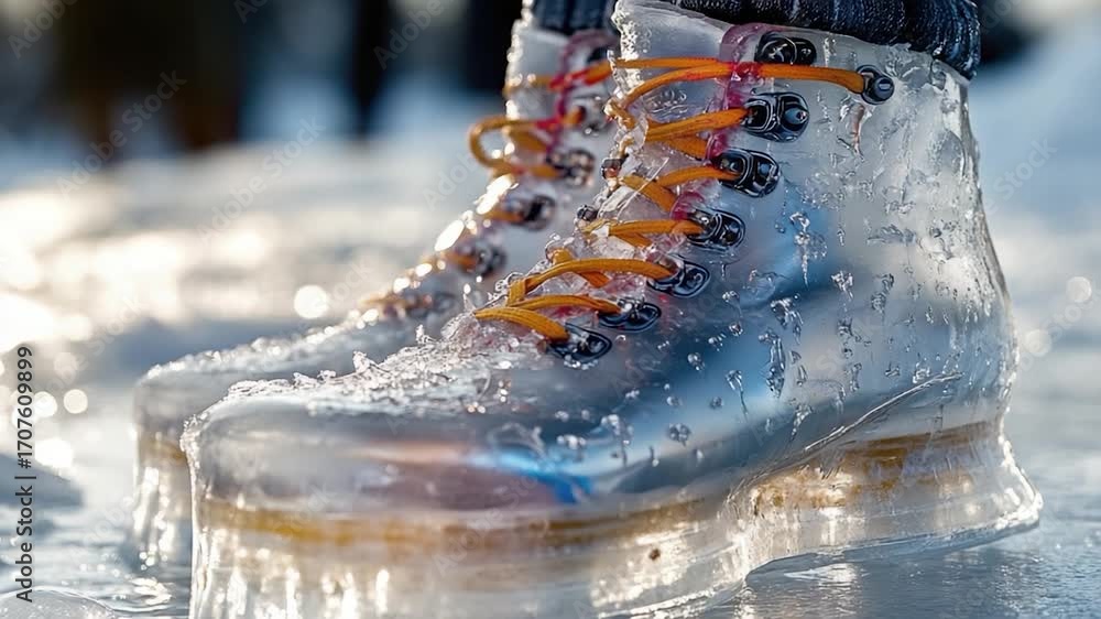 Poster a close-up view of a pair of boots in the snowy environment
