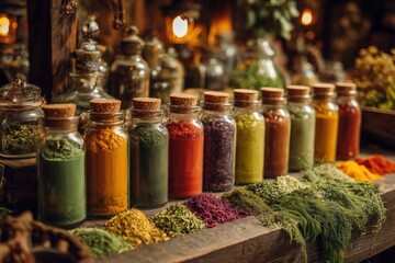 Colorful Spices In Glass Jars On Wooden Shelf