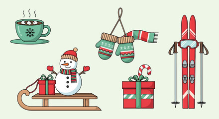 Winter Holiday Season Vector Illustration Set Snowman, Skiing, Gifts, Mittens, and Cocoa Cup Elements