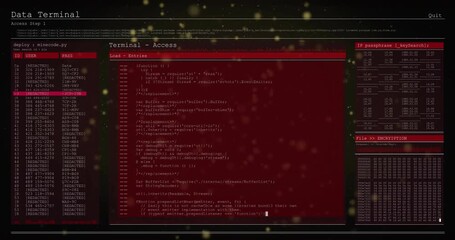 Golden particles drifting, red UI fading, code editor scrolling, user or IP tables and hex dump stat - Powered by Adobe