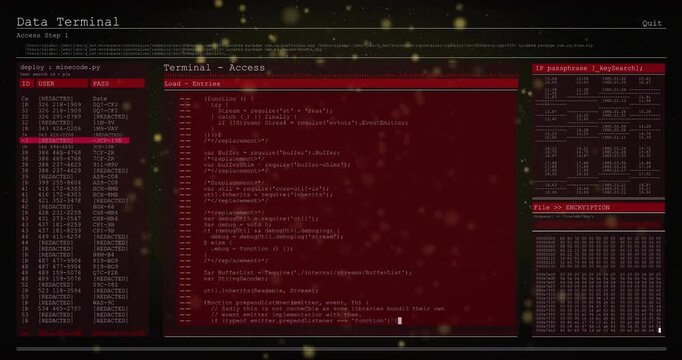 Golden particles drifting, red UI fading, code editor scrolling, user or IP tables and hex dump stat