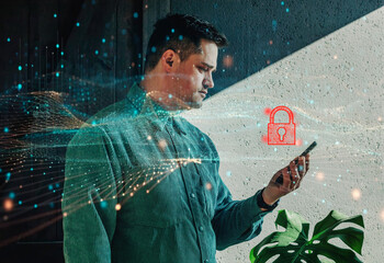 Man holding smartphone, device is cyber secured
