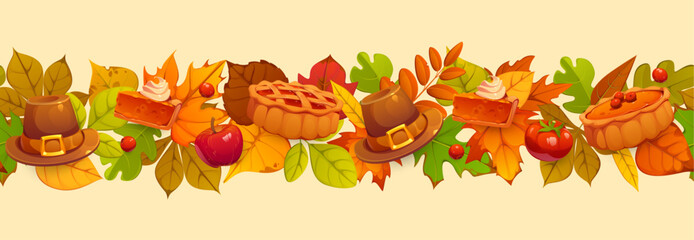 Autumn leaves Thanksgiving pie, pilgrim hat and harvest border frame. Cartoon vector horizontal banner with autumnal foliage, berries, seasonal apple fruits and vegetables for festive fall celebration