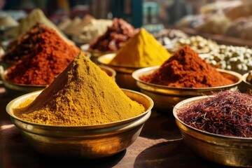 Colorful Spices In Golden Bowls At A Marketplace