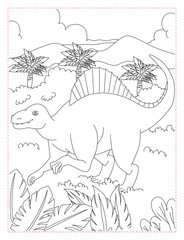 Black and White Dinosaur with plam trees Cartoon Character Vector. Coloring Page of a Dinosaur