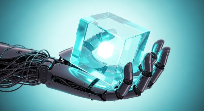 A robot hand holds a glowing translucent cube