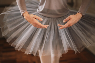Ballerina training in dance class, classical ballet school. Refinement elegance femininity. First hand position © illustrissima