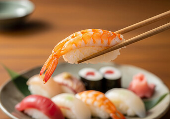 Close-up of chopsticks holding a piece of shrimp sushi, with other sushi pieces visible on a plate.