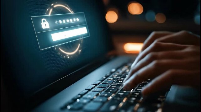 Secured Access: A person's focused hands navigate a glowing laptop keyboard, a visual metaphor for the dynamic realm of online safety and security, enhanced by a padlock emblem.
