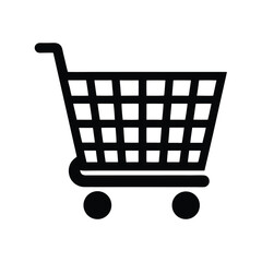 A simplistic black shopping cart icon with a gridlike basket is featured prominently