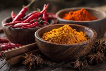 Colorful Spices in Wooden Bowls Red Peppers, Turmeric, Paprika, and Star Anise