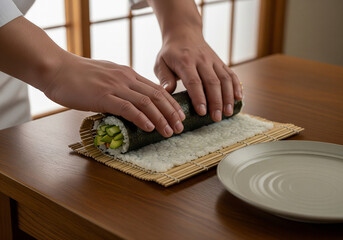 A sushi chef's hands expertly rolling a classic maki roll with cucumber and avocado on a bamboo mat