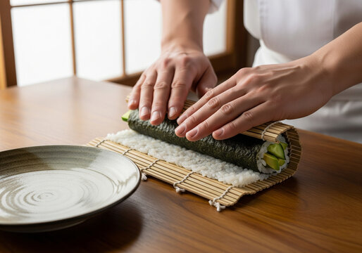 Chef preparing sushi roll on bamboo mat.