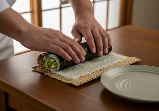 A sushi chef's hands expertly rolling a classic maki roll with cucumber and avocado on a bamboo mat