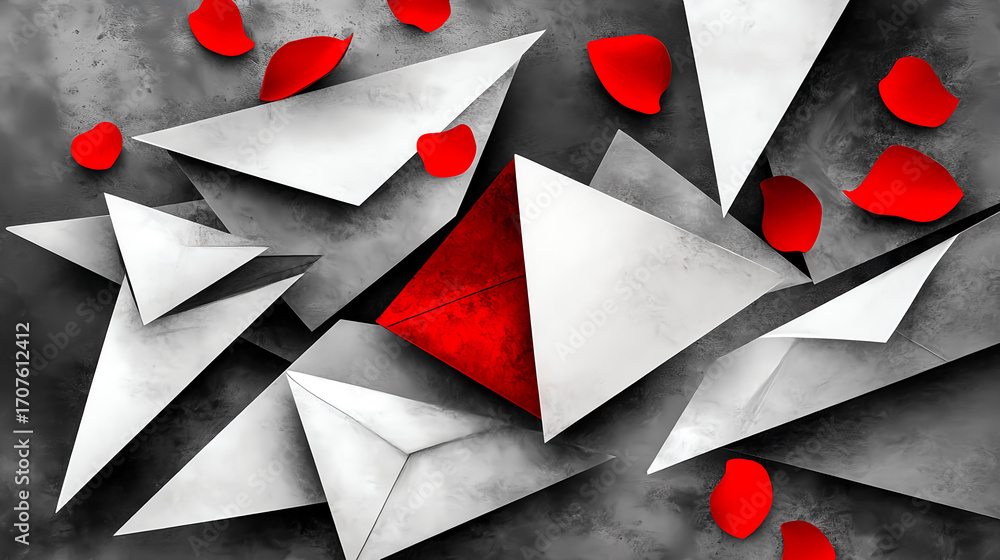 Poster dynamic abstract design with red petals and white geometry digital art modern environment close-up v