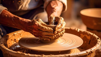 Potter's hands shaping clay on a spinning wheel, creating pottery art