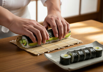 Obraz premium A sushi chef's hands carefully completing the final stage of rolling a fresh maki roll with avocado and cucumber, with a plate of sliced pieces ready to be served