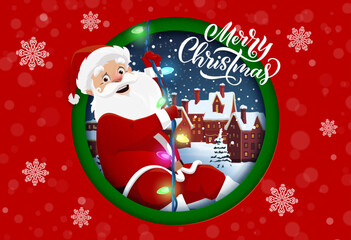 Christmas paper cut banner with Santa hanging on garland, vector cartoon greeting card. Merry Christmas winter holiday paper cut banner with Santa climbing on Christmas lights garland in night town