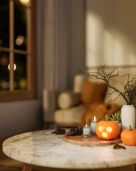 Glowing craves jack-o-lantern halloween pumpkin and candles on wooden tray over table in living room