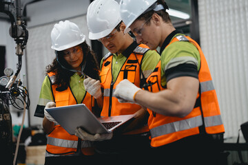 Fototapeta premium Diverse group of latin engineer working on AI technology in robotics electronics engineering laboratory. Hispanic technician team and colleague research in robot machine futuristic automated control.