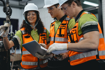 Obraz premium Diverse group of latin engineer working on AI technology in robotics electronics engineering laboratory. Hispanic technician team and colleague research in robot machine futuristic automated control.