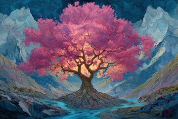Colorful Tree Blossoms In Mountain Valley Digital Art