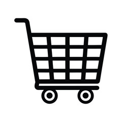 A stark black shopping cart on a white background displays simple retail iconography