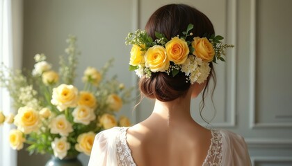 Elegant bridal updo hairstyle adorned with vibrant yellow roses and delicate white flowers. Bridal gown detail features lace trim. Coiffure styled for summer spring wedding. Romantic floral accessory.