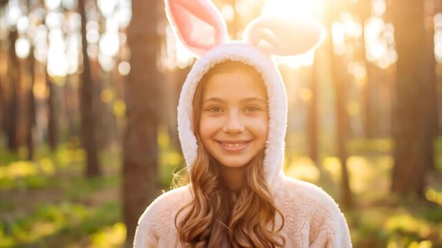 Girl in Bunny Costume in Forest.
