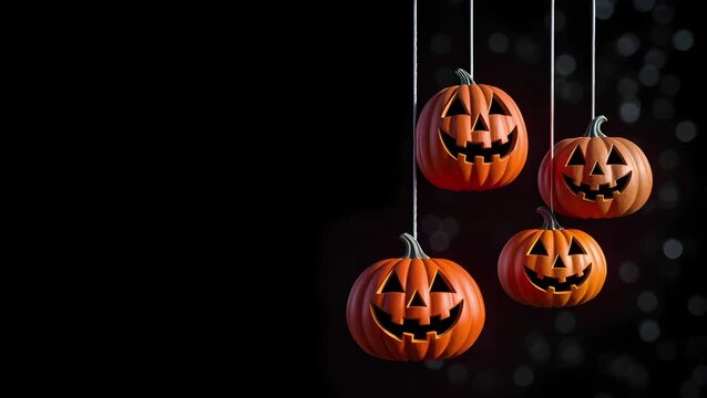 Hanging orange pumpkins sway slowly against black  bokeh background