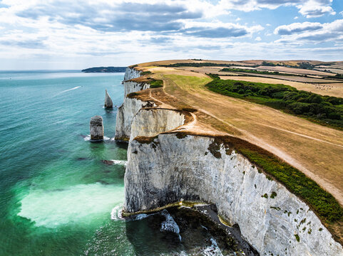 White Cliffs of Old Harry Rocks Jurassic Coast from a drone, Handfast Point, Dorset Coast, Poole, Dorset, England