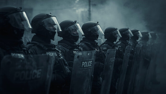 line of police with smoke in the middle of the night