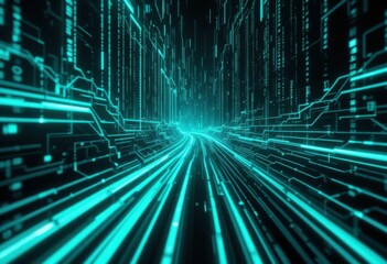 Digital Cascade  Aqua Green Neon Lines Flowing on Dark Cyber Background   A Modern Abstract Wallpaper for a Virtual Reality Experience