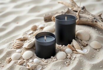 Relaxing Beach Vibe  Candles Surrounded by Sand, Seashells, and Weathered Driftwood Fragments