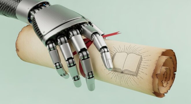 A robotic hand holds a rolled parchment with a book graphic against a pale green background - Powered by Adobe