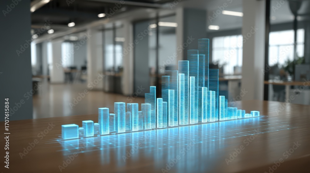 Poster modern office space features holographic bar graph representing data analysis, showcasing fiduciary 