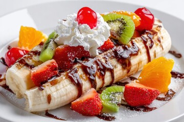 Close up of banana split with fresh fruit, whipped cream and chocolate syrup