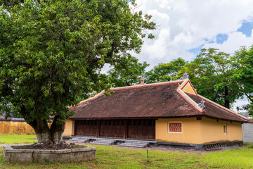 Obraz premium A large, shady tree stands beside a modest, traditional Vietnamese house with a tiled roof and yellow walls in the Imperial City of Hue.