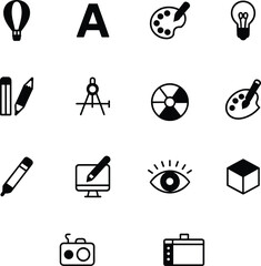 Creative design icons set, vector art symbols for graphic design, digital drawing tools, photography, editing, 3D modeling illustration