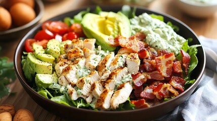 Healthy green goddess cobb salad with chicken bacon and avocado