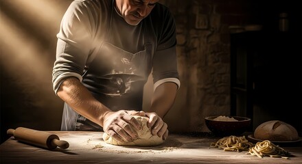A professional chef preparing fresh dough by hand, with flour scattering in the air. Authentic artisanal cooking process in a rustic kitchen atmosphere.