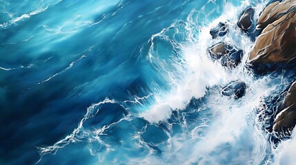 Obraz premium Aerial photo of ocean waves crashing.