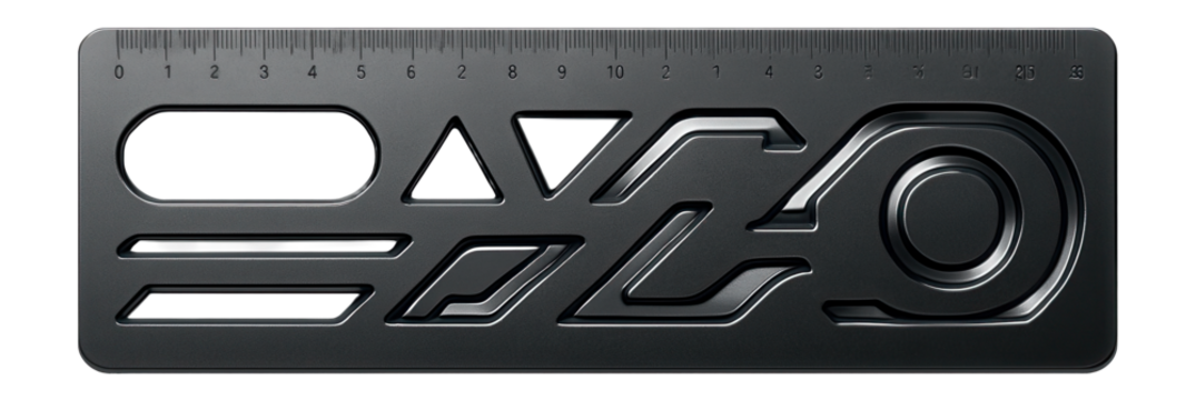 Ruler with integrated template for futuristic designs