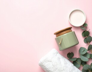 A soft pink backdrop highlights a rolled white towel, candle, cream, ceramic container, and eucalyptus leaves arrangement