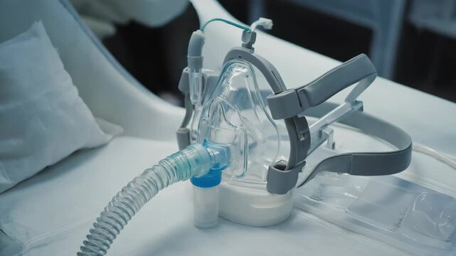 Cpap machine delivering continuous air pressure through a mask on a hospital bed, keeping the patient's airway open during sleep or respiratory distress