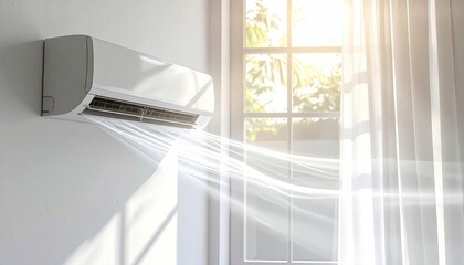 Air conditioner expelling cool air near window, bathing room in sunlight. Cooling comfort on a summer day