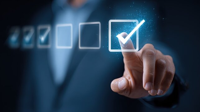 Businessperson touching checkmark on digital form with blue light effects, showcasing online approval process for banking, e-commerce and mobile services